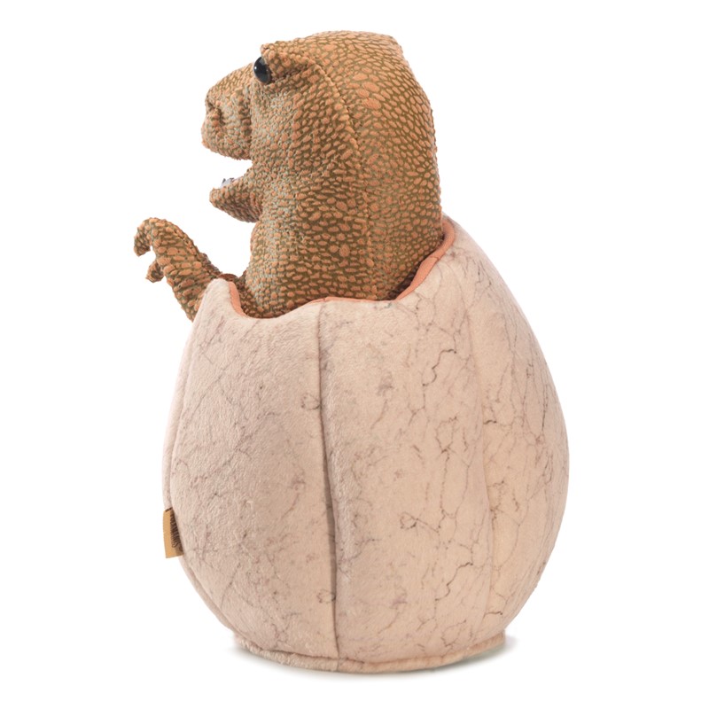 Folkmanis hand puppet dinosaur baby in egg, brown spotted dino hatchling peeking out of a beige plush egg, side view