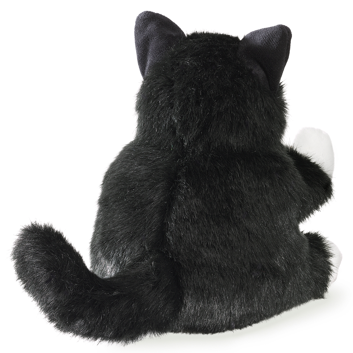Folkmanis Handpuppe Tuxedo Kätzchen in Schwarz-Weiß, sitzend von hinten, mit buschigem Schwanz und weißen Pfoten