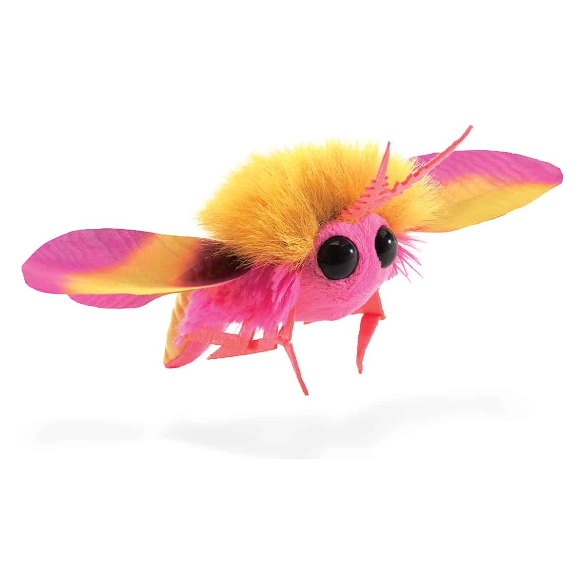 Folkmanis Fingerpuppe mini Rosa Ahornmotte in Pink und Gelb mit ausgebreiteten Flügeln und großen Glasaugen