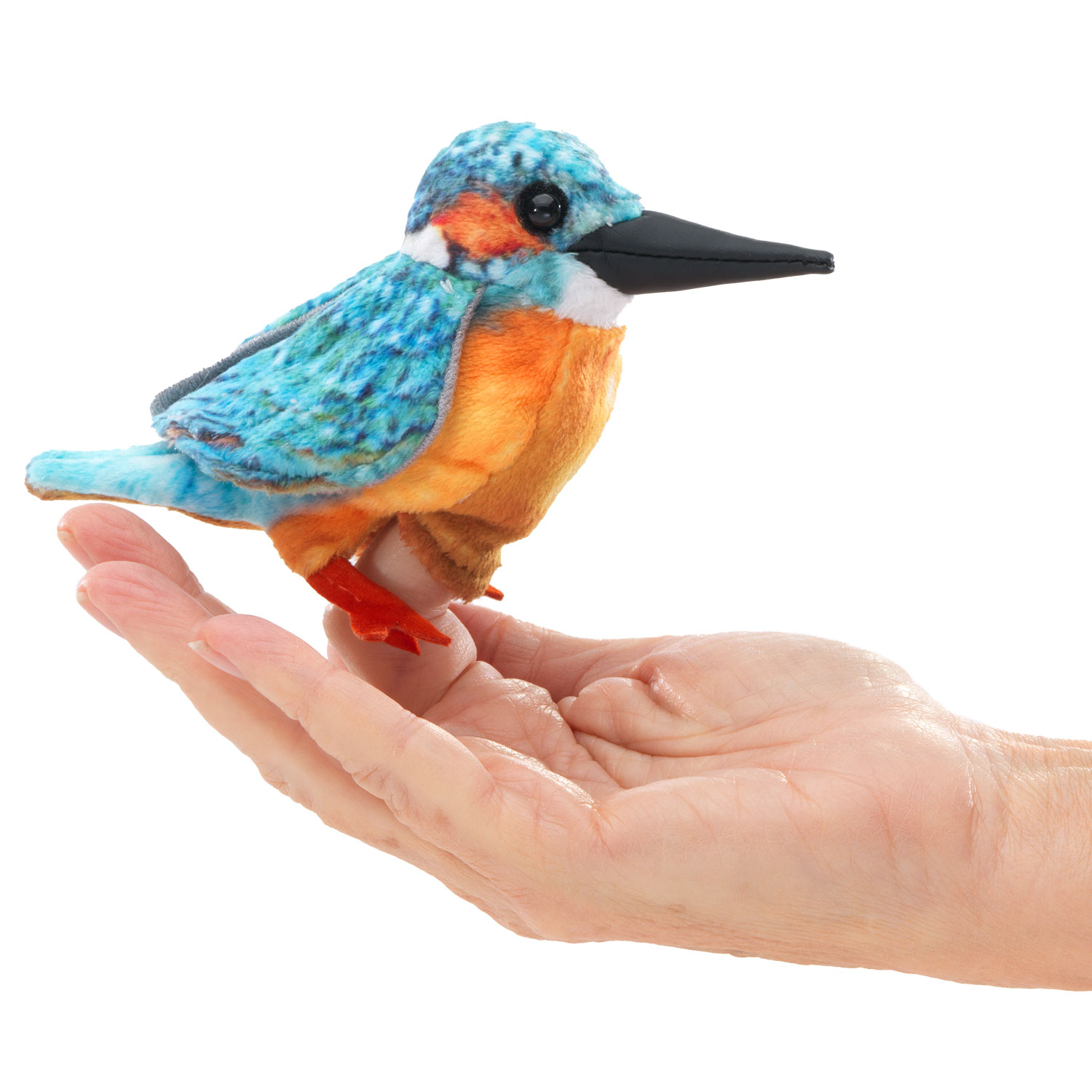 Folkmanis Mini-Fingerpuppe Eisvogel mit türkis-blauem Gefieder und orangefarbener Brust auf einer Handfläche sitzend, Seitenansicht