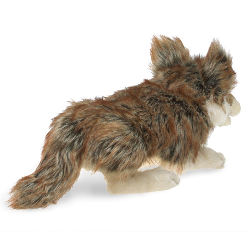 Folkmanis Handpuppe Grauwolf mit braun-grau meliertem Langfell und buschigem Schwanz, Seitenansicht