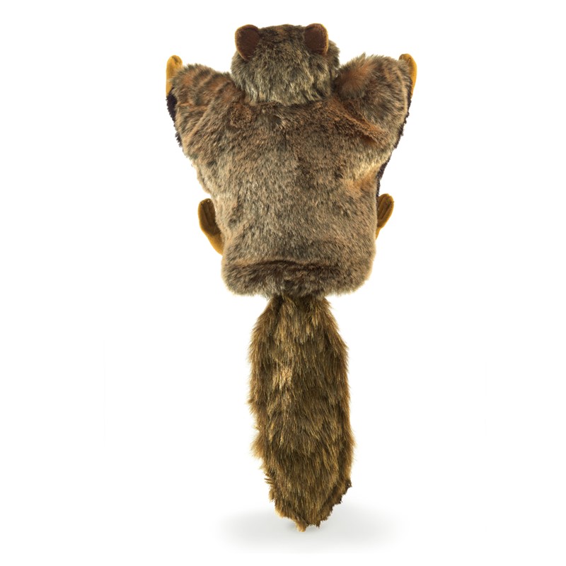 Folkmanis Handpuppe Flughörnchen von hinten, braun-grau gemustertes Fell mit langem buschigem Schwanz und ausgebreiteten Gleitflughäuten