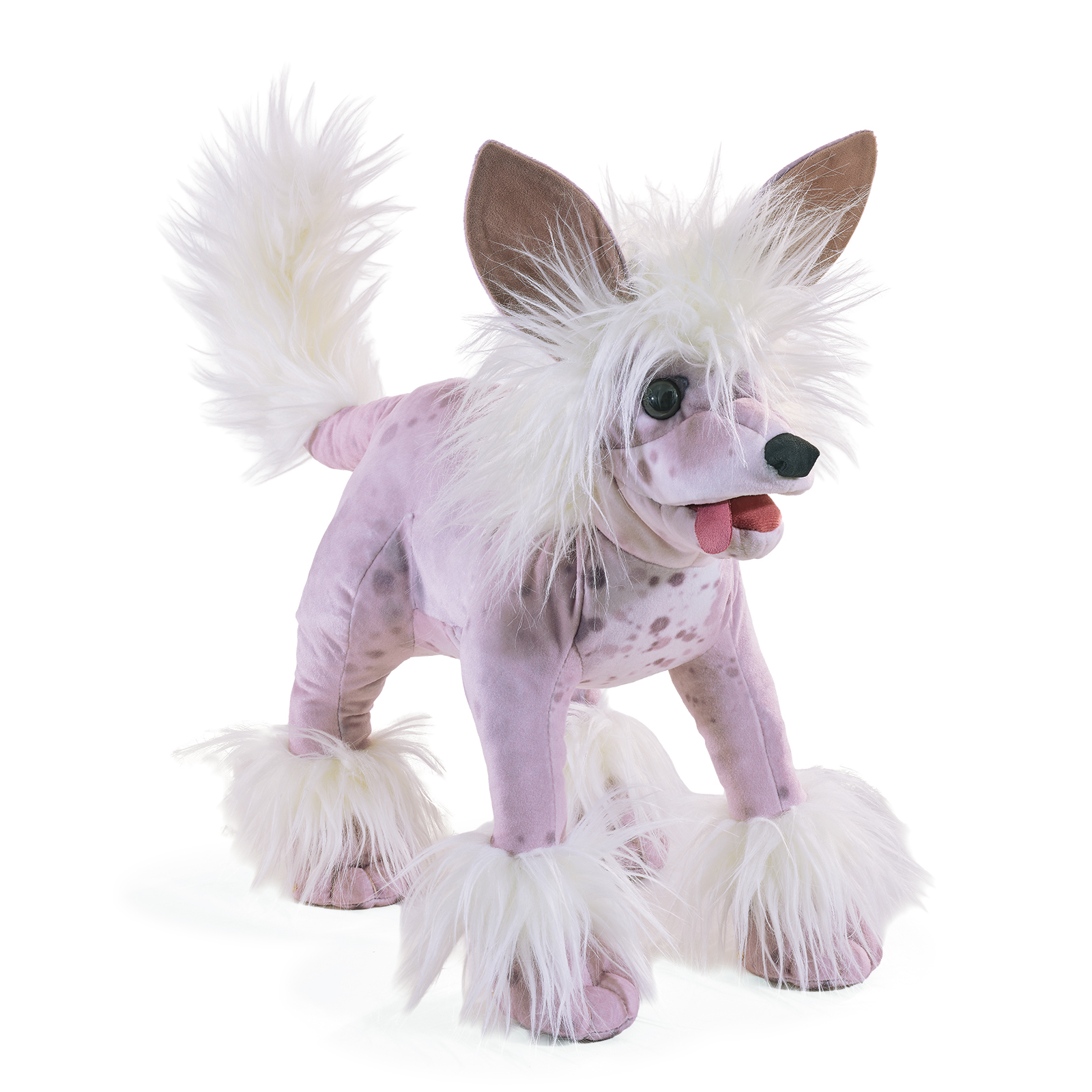 Folkmanis Handpuppe Chinesischer Schopfhund mit rosa-geflecktem Körper, weißem Fellschopf und herausgestreckter Zunge