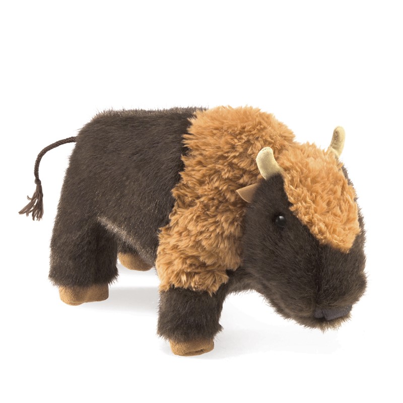 Folkmanis Handpuppe kleines Bison in Seitenansicht, dunkelbraunes Fell mit hellbraunem Buckel und geflochtener Schwanzquaste