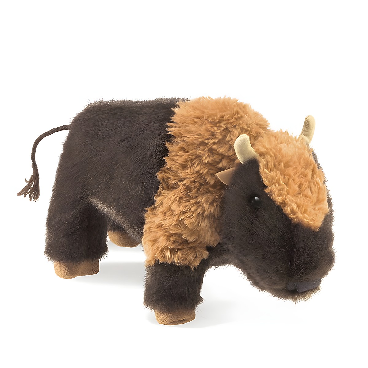 Folkmanis Handpuppe kleines Bison in Seitenansicht, dunkelbraunes Fell mit hellbraunem Buckel und geflochtener Schwanzquaste