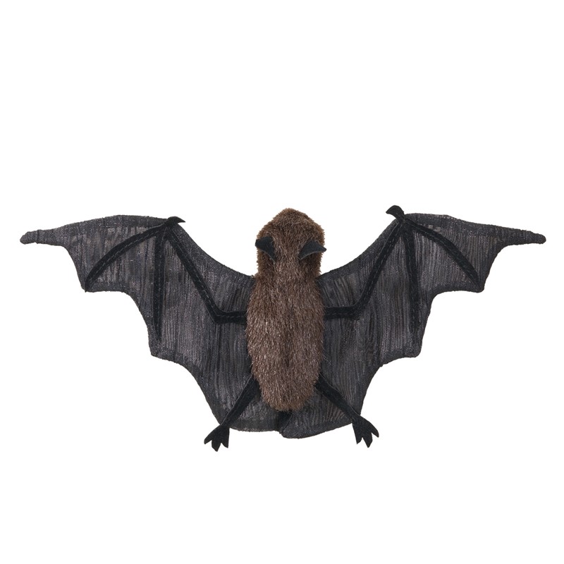 Folkmanis mini bat finger puppet with spread wings in dark mesh fabric and a brown body, front view