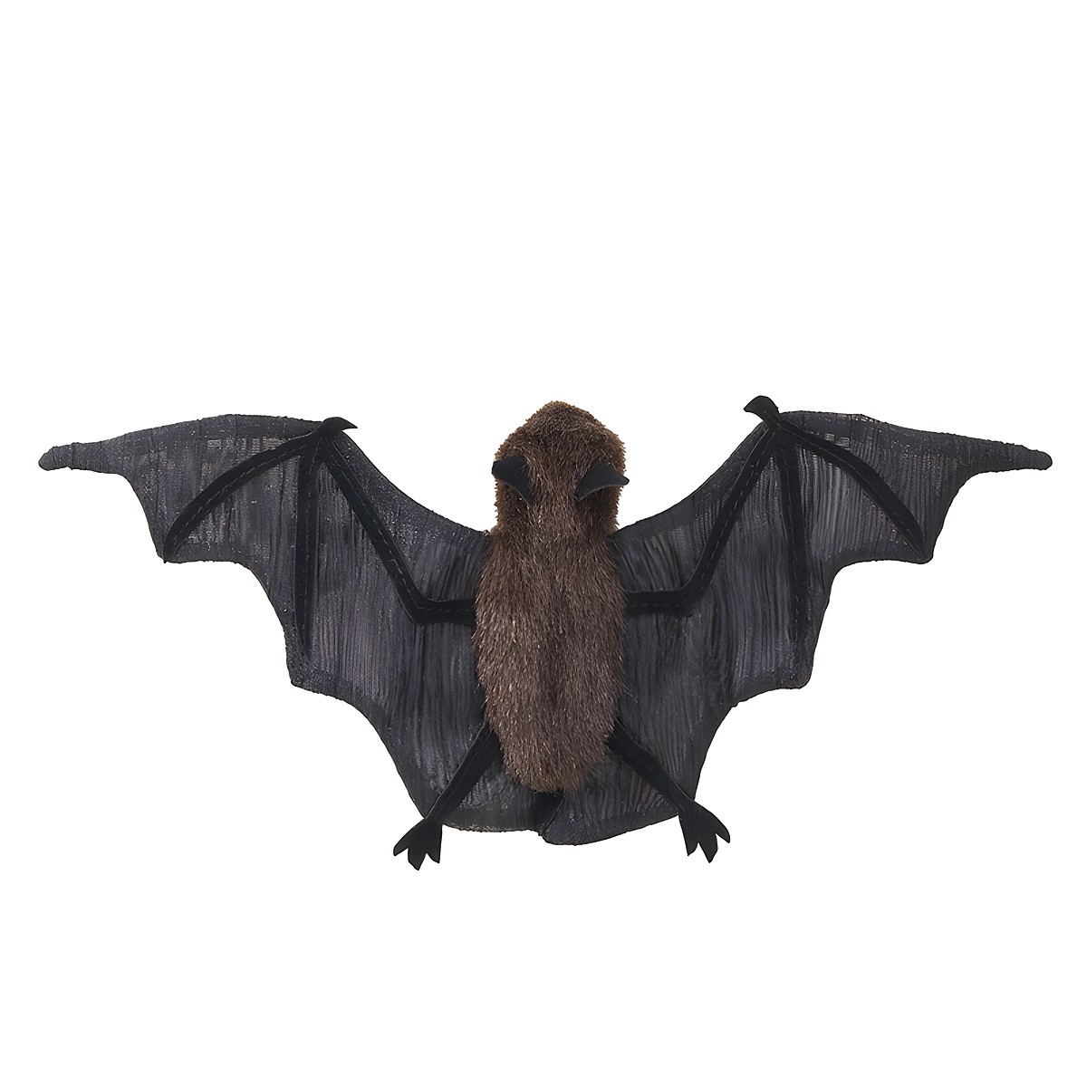 Folkmanis Fingerpuppe mini Fledermaus mit ausgebreiteten Flügeln aus dunklem Netzmaterial und braunem Körper, Frontalansicht