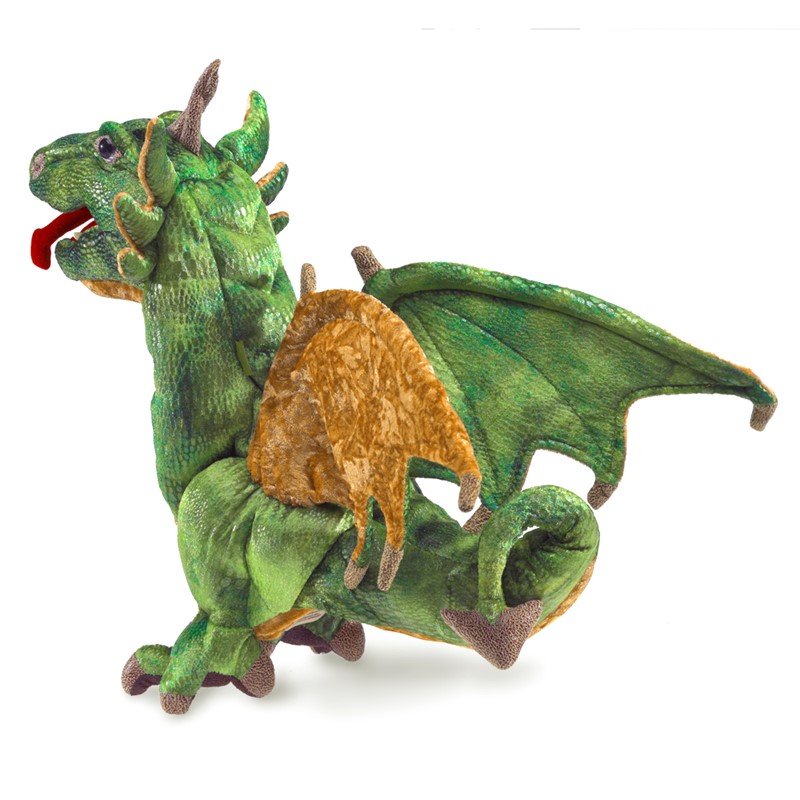 Folkmanis Handpuppe Lindwurm-Drache in Grün mit goldenen Flügeln, roten Hörnern und herausgestreckter Zunge, Seitenansicht