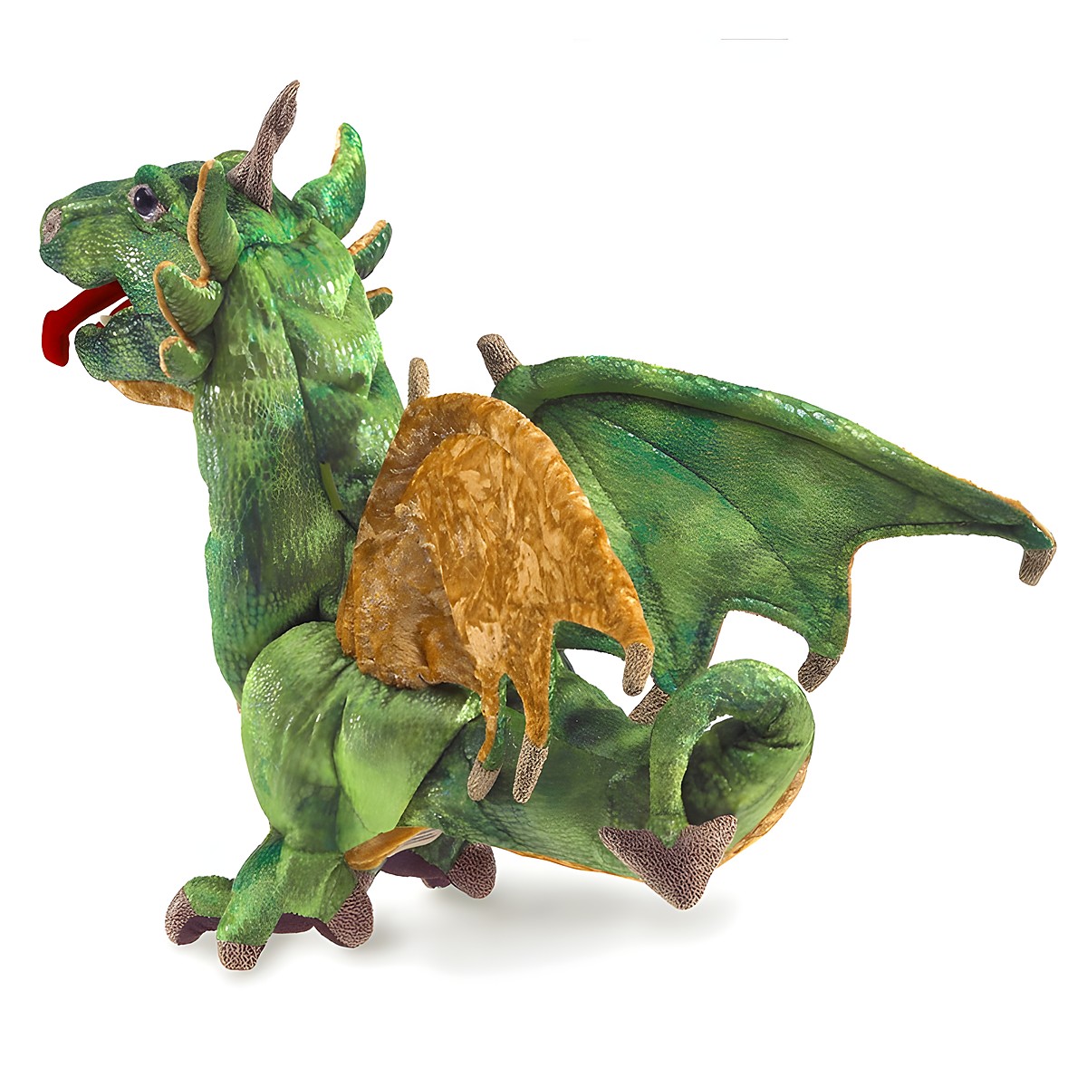 Folkmanis Handpuppe Lindwurm-Drache in Grün mit goldenen Flügeln, roten Hörnern und herausgestreckter Zunge, Seitenansicht