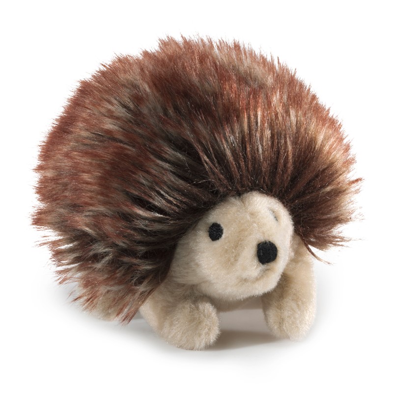 Folkmanis Fingerpuppe mini Igel mit braun-meliertem Stachelrücken und cremefarbenem Gesicht, Schrägansicht