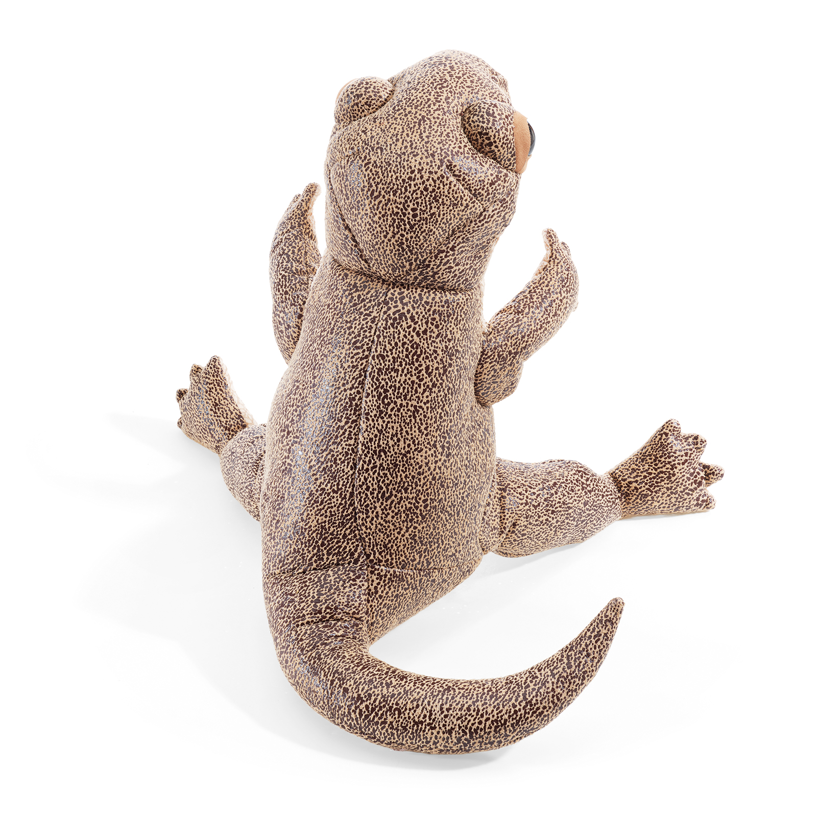Folkmanis lizard hand puppet with a beige-brown speckled pattern, spread claws and a curved tail, top view