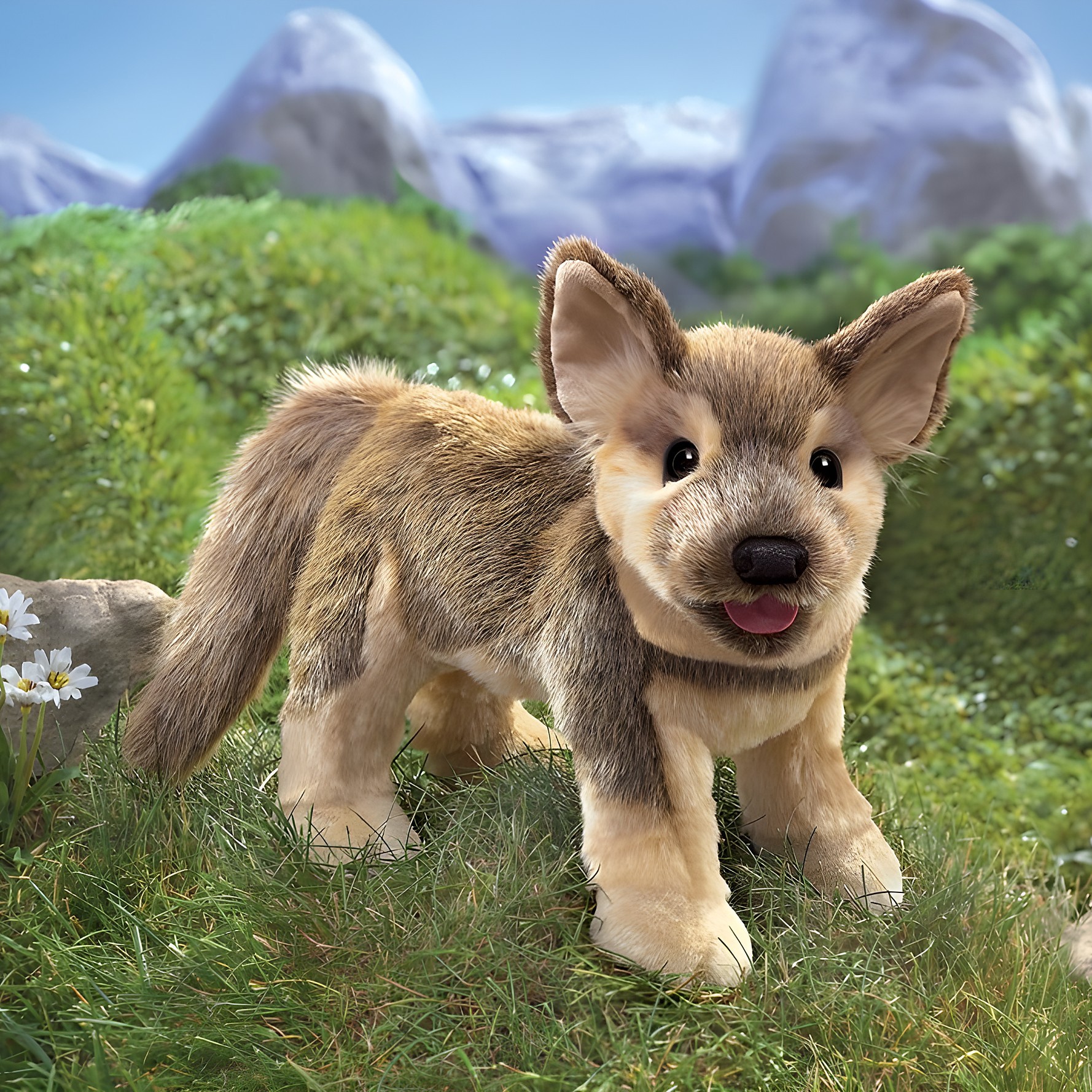 Folkmanis Handpuppe Schäferhundwelpe mit beige-braunem Fell, herausgestreckter Zunge und gespitzten Ohren, stehend in Seitenansicht
