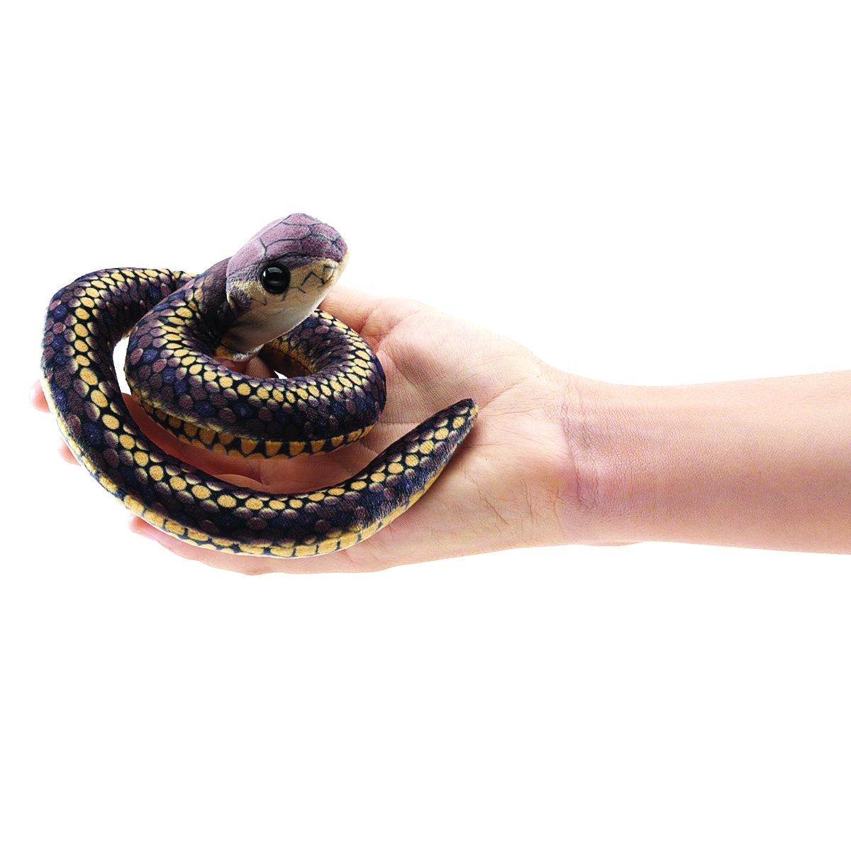Folkmanis mini snake finger puppet with dark blue and gold scale pattern, coiled on a hand, close-up view