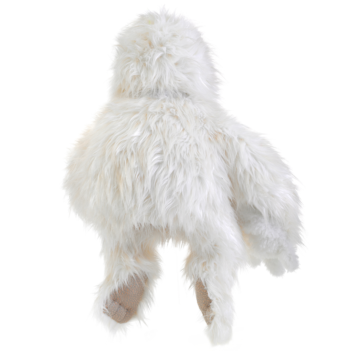 Folkmanis Yeti hand puppet with long white fur and beige foot soles, rear view