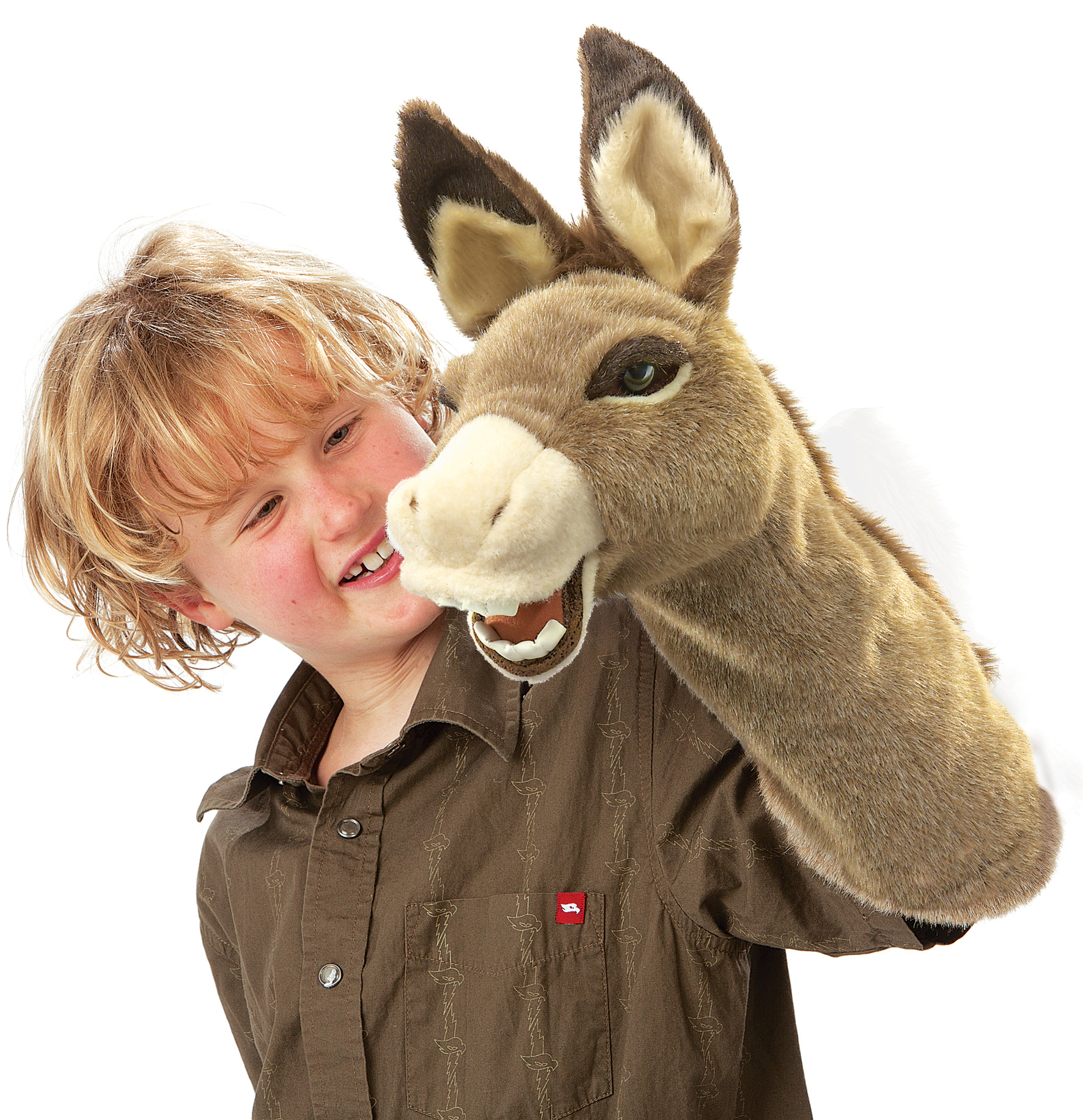 Folkmanis Handpuppe Esel mit geöffnetem Maul, von einem Kind bespielt, Seitenansicht auf weißem Hintergrund