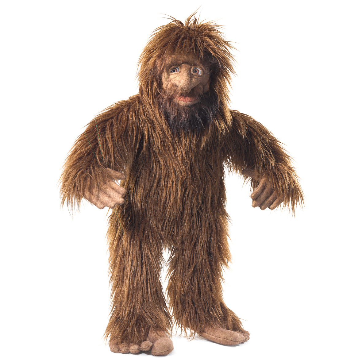 Folkmanis Bigfoot hand puppet with shaggy brown fur, detailed face and open mouth, standing in a front-facing view