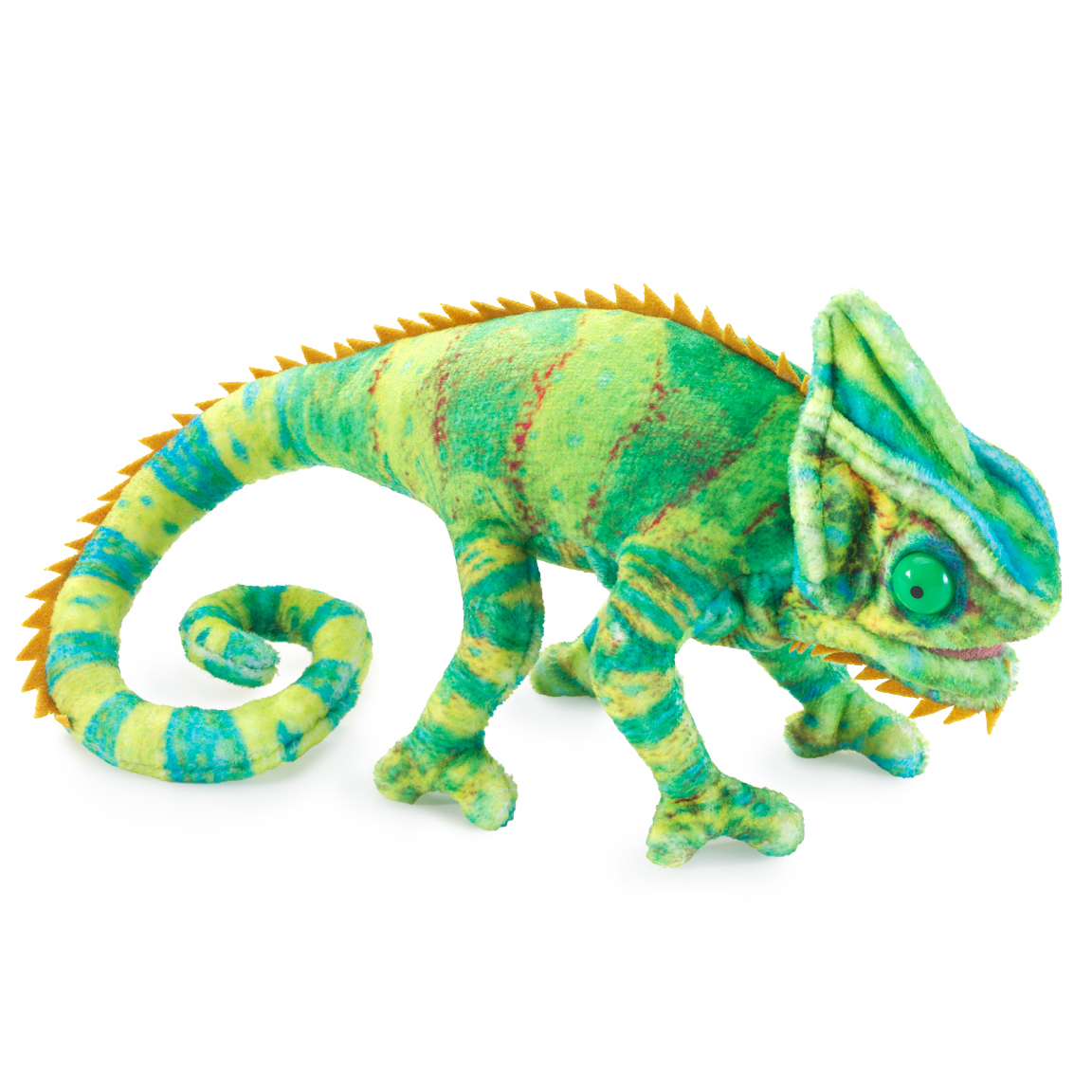 Folkmanis mini finger puppet chameleon in green-yellow with a curled tail, dorsal crest, and prominently protruding eye, side view