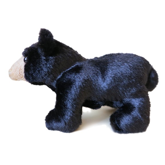 Folkmanis Mini Black Bear finger puppet made of black plush, shown standing in side view with a beige muzzle