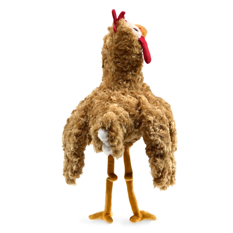 Folkmanis chicken hand puppet with curly brown plush, red comb and wattle, and long yellow legs, front view