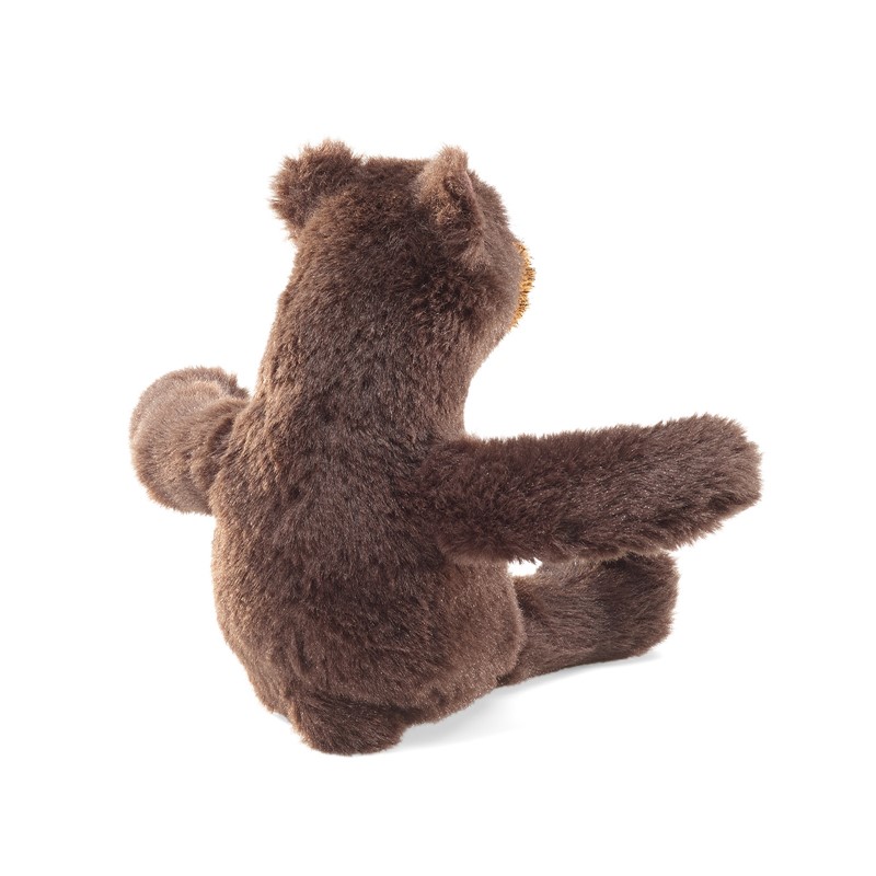Folkmanis mini sitting bear finger puppet in dark brown plush, rear view with arms outstretched