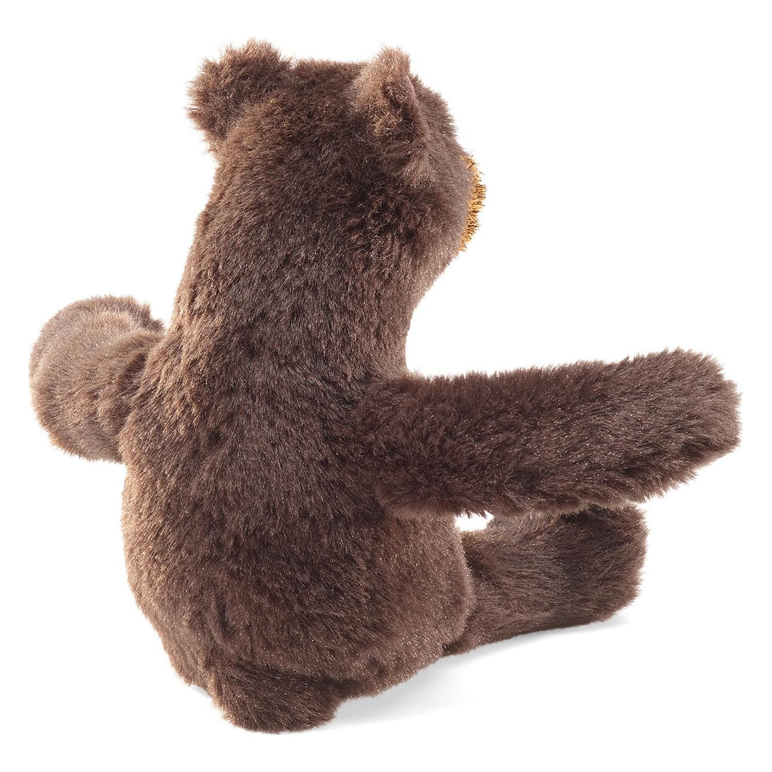 Folkmanis Fingerpuppe mini sitzender Bär in dunkelbraunem Plüsch, Rückansicht mit ausgestreckten Armen