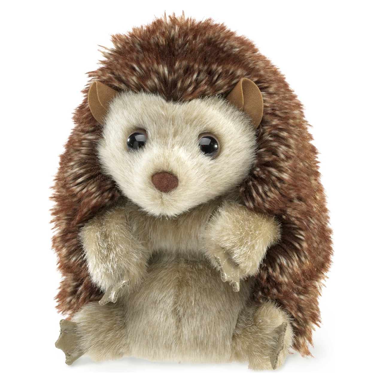Folkmanis Igel-Handpuppe mit braun-gesprenkeltem Stachelrücken und cremefarbenem Bauchfell, Frontalansicht auf weißem Hintergrund