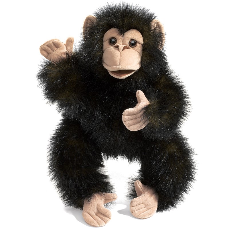 Folkmanis baby chimpanzee hand puppet with black plush fur, beige face and movable mouth, front view on white background