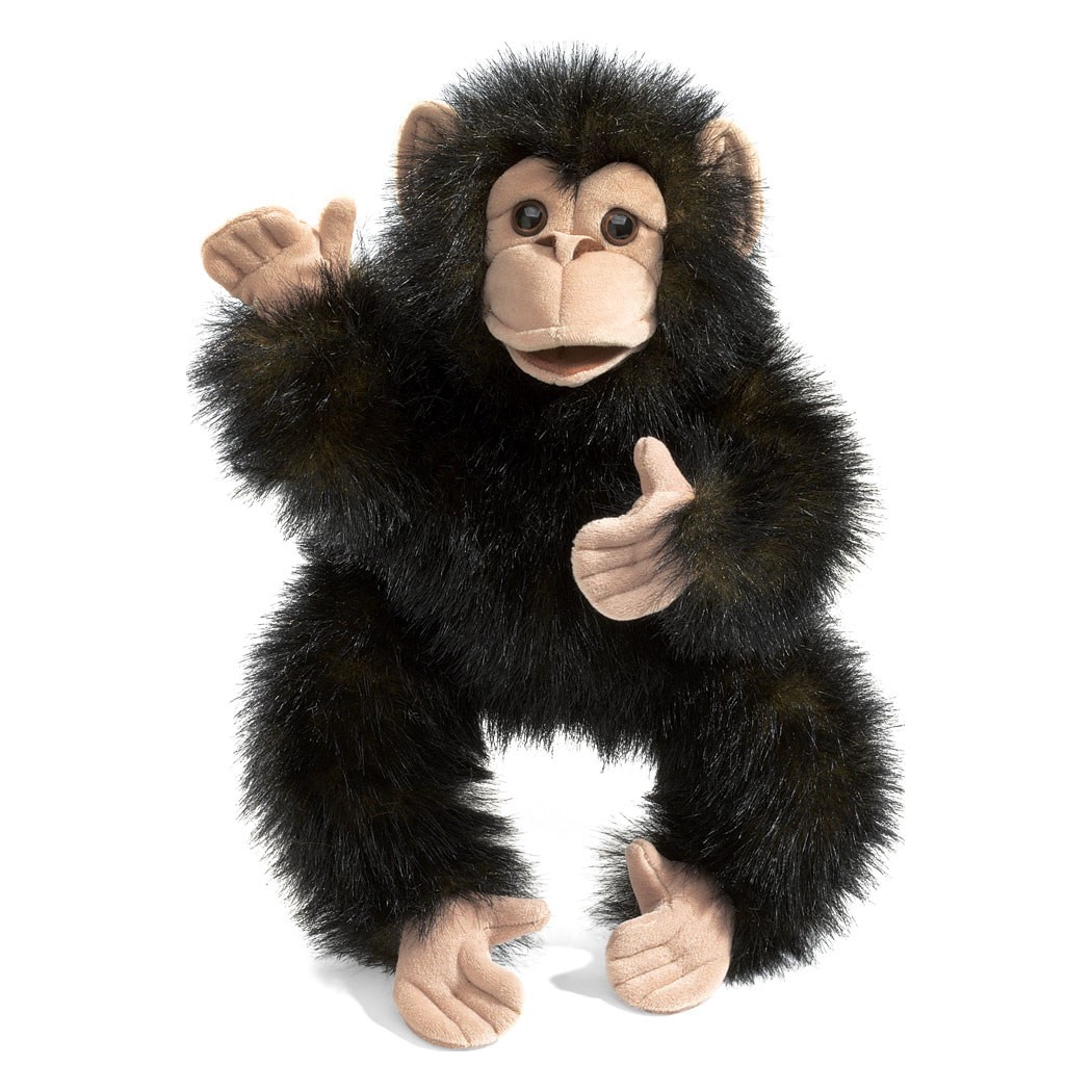 Folkmanis Handpuppe Baby Schimpanse mit schwarzem Plüschfell, beigem Gesicht und beweglichem Mund, Frontansicht vor weißem Hintergrund