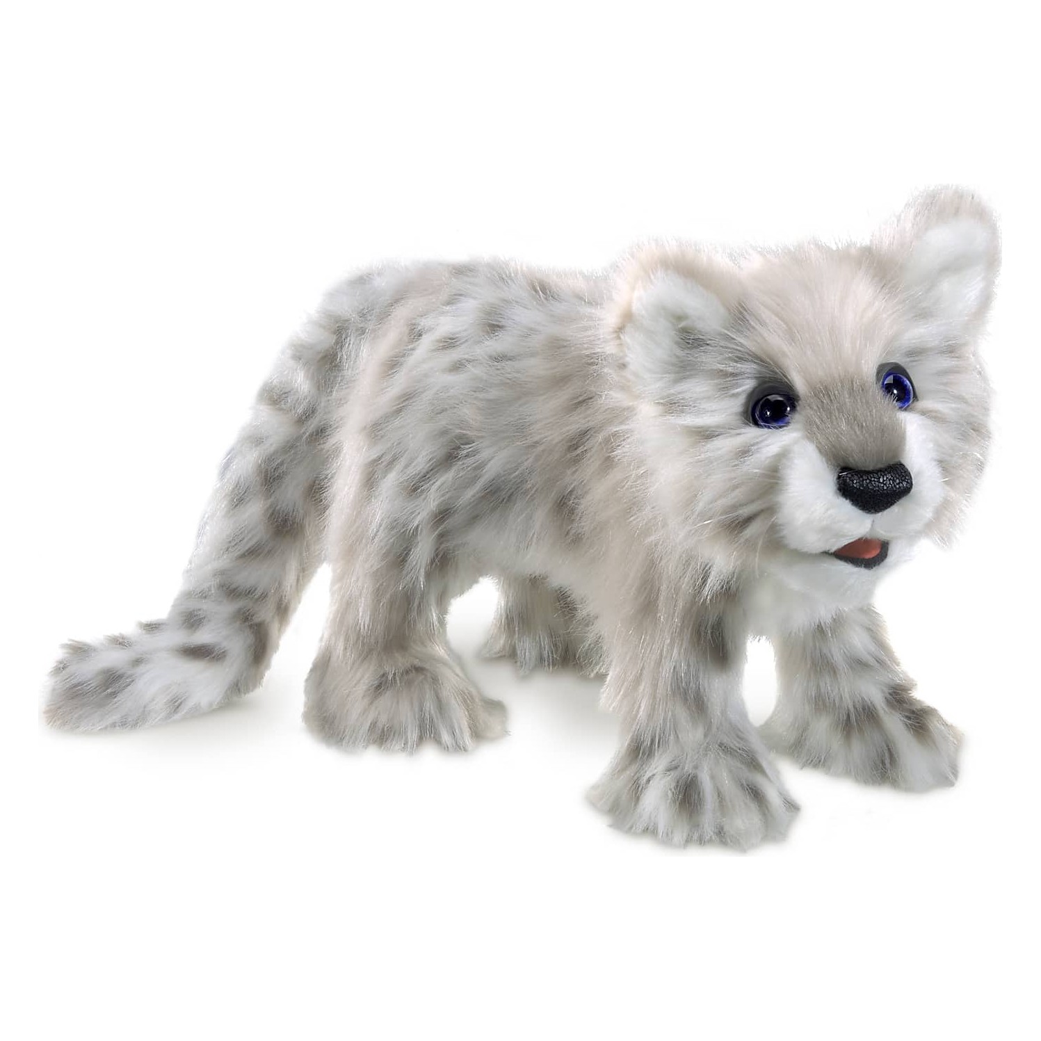 Folkmanis Handpuppe Baby Schneeleopard in Seitenansicht, grau-weißes Fell mit dunklen Flecken und blauen Glasaugen