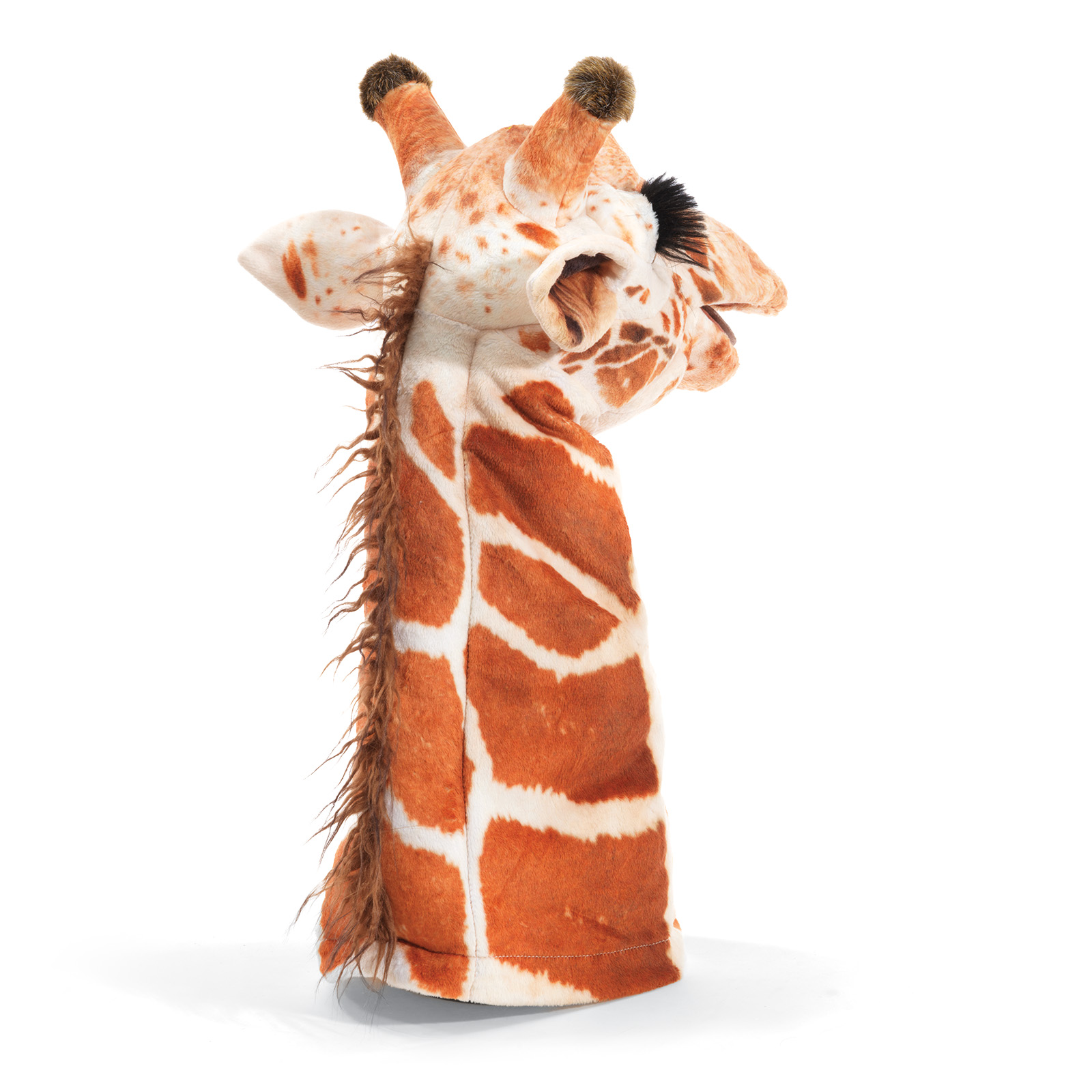 Folkmanis Handpuppe Giraffe mit beweglichem Maul, orangebraun-weißem Fleckenmuster und Mähne, Schrägansicht