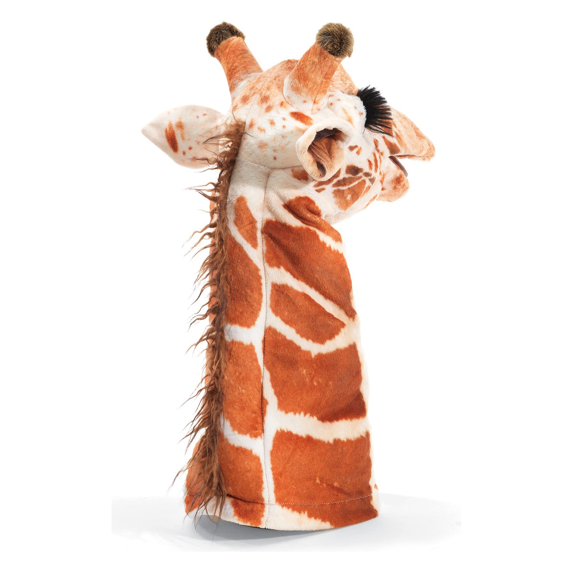 Folkmanis Handpuppe Giraffe mit beweglichem Maul, orangebraun-weißem Fleckenmuster und Mähne, Schrägansicht