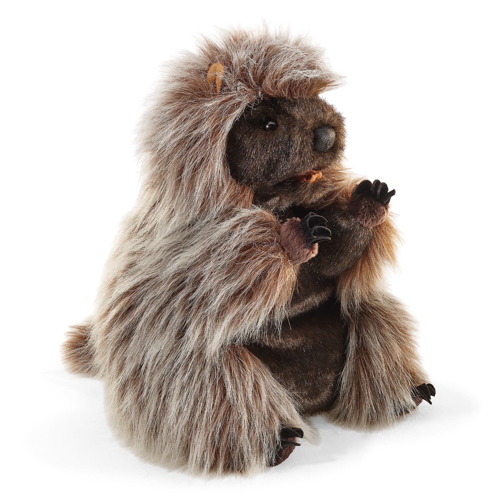 Folkmanis Handpuppe stehendes Stachelschwein, aufrecht sitzend in Vorderansicht mit langem struppigem grau-braunem Fell und dunklem Gesicht.