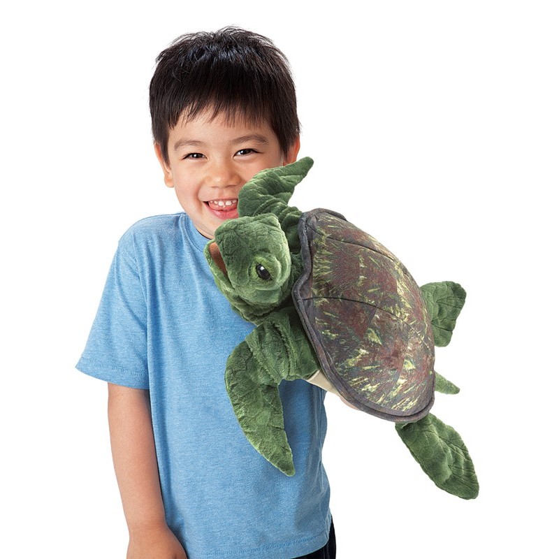 Boy holding a Folkmanis sea turtle hand puppet with a green plush head and patterned shell toward the camera