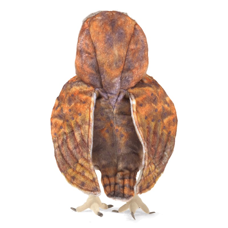 Folkmanis Handpuppe Schleiereule von hinten, rotbraun-geflecktes Plüschgefieder mit geöffnetem Handpuppeneingang und hellen Krallenfüßen