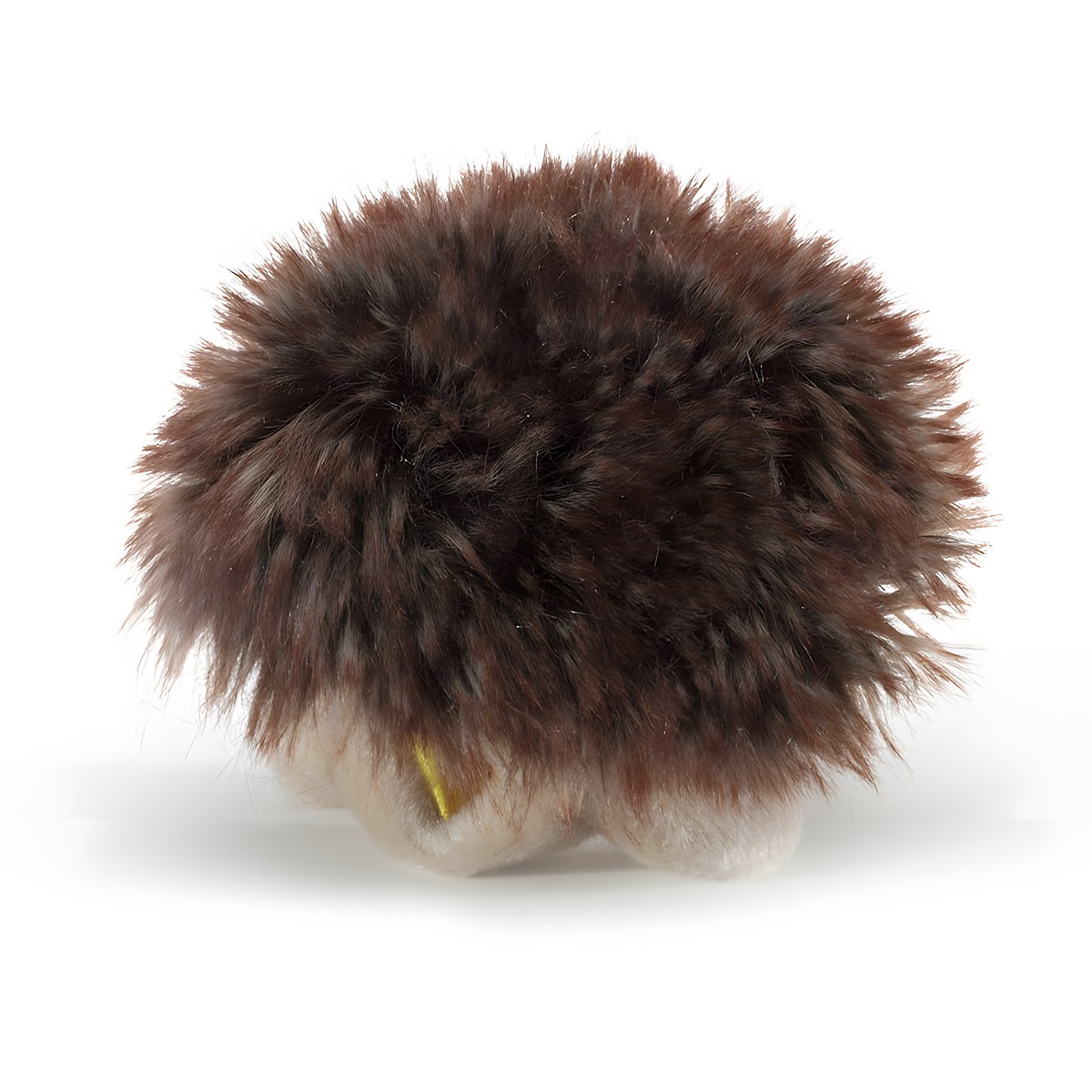 Folkmanis Fingerpuppe mini Igel von hinten, kompakt eingerollte Haltung mit braun-schwarzem Stachelplüsch und hellem Bauch.