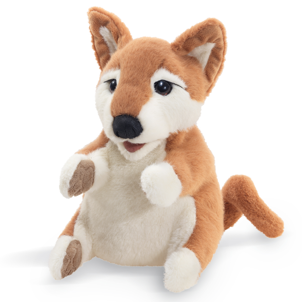 Folkmanis Handpuppe Shiba Inu aus rotbraunem Plüsch mit weißer Brust, beweglichem Maul und erhobener Pfote, Schrägansicht