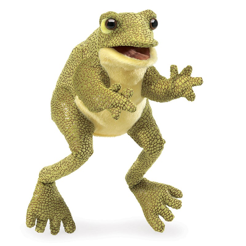 Folkmanis Handpuppe Lustiger Frosch in Grün mit strukturierter Schuppentextur, geöffnetem Maul und ausgestreckter Pfote