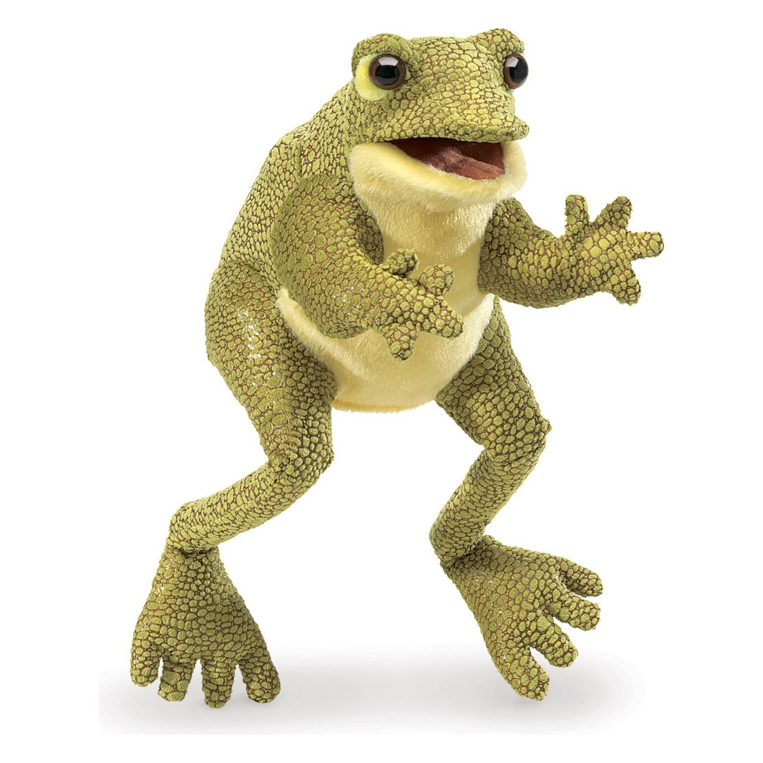 Folkmanis Handpuppe Lustiger Frosch in Grün mit strukturierter Schuppentextur, geöffnetem Maul und ausgestreckter Pfote