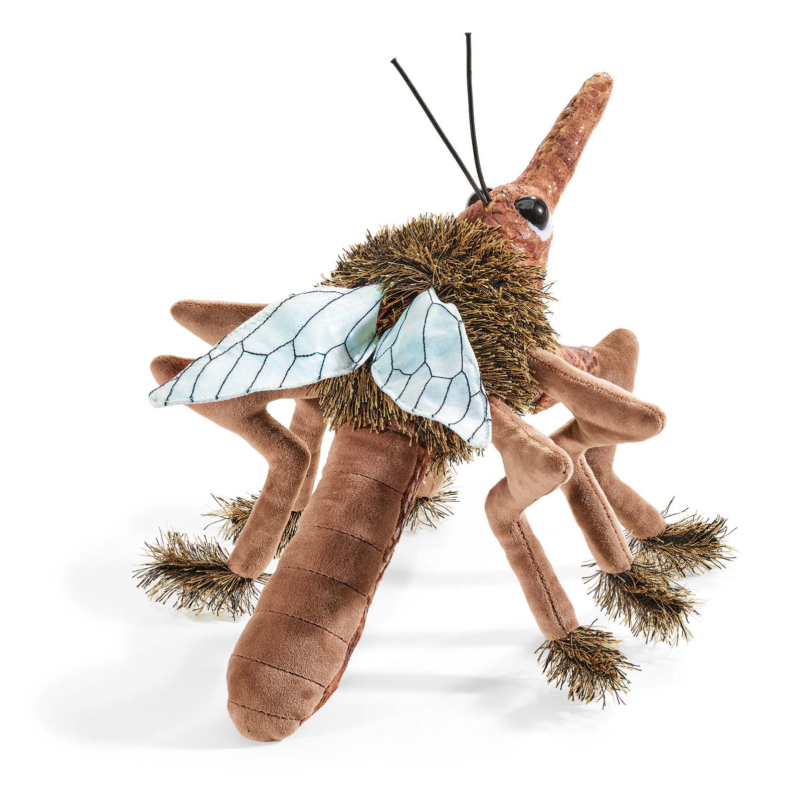Folkmanis Handpuppe Stechmücke in Braun mit transparenten Flügeln, goldenen Borsten an Beinen und Körper sowie schwarzen Fühlern, Schrägansicht.