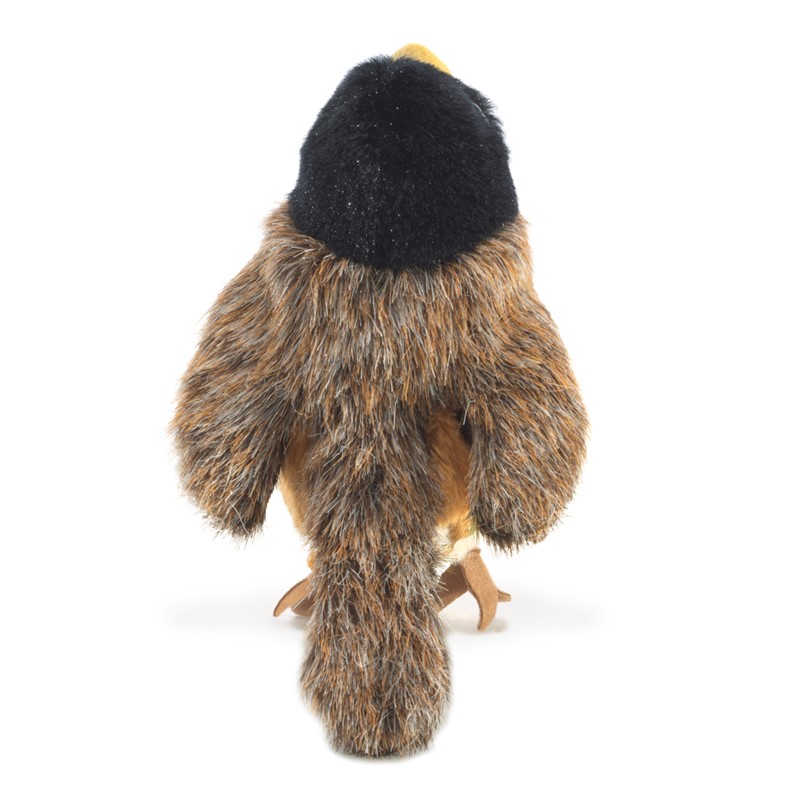 Folkmanis Fingerpuppe mini Rotkehlchen von hinten mit schwarzem Kopf, braun-gesprenkeltem Gefieder und Vogelkrallen
