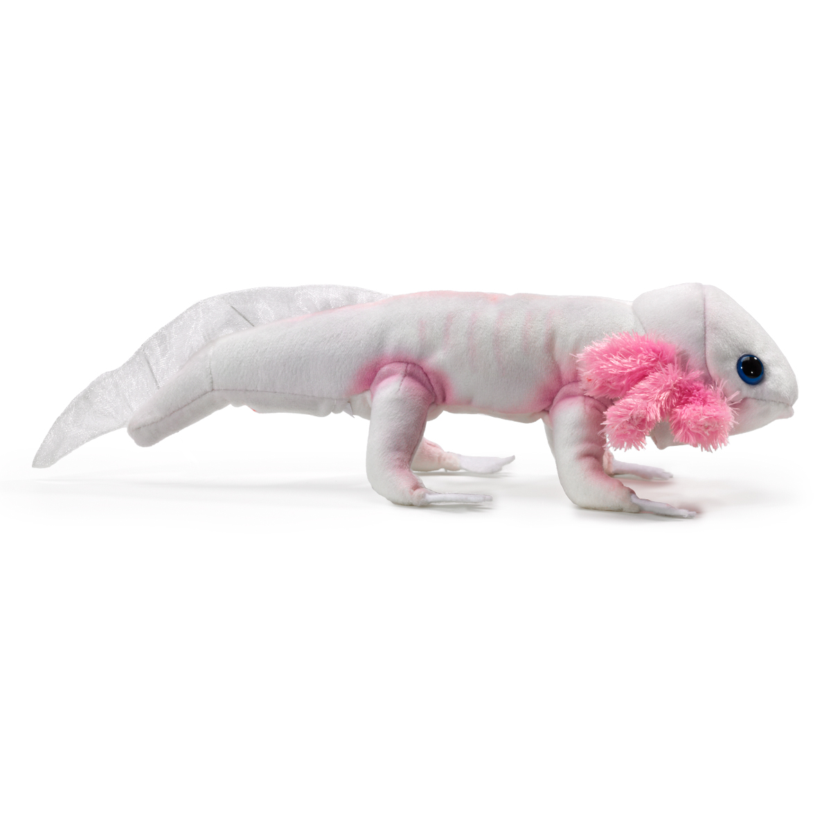 Folkmanis finger puppet axolotl in white with pink gill tufts and blue eyes, side view