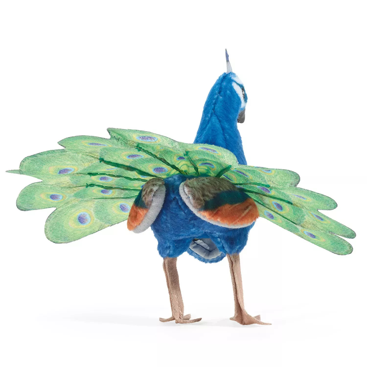 Folkmanis Mini-Fingerpuppe Pfau mit aufgefächertem grün-blauem Schwanzrad und detailliert bedruckten Augenfedern, Schrägansicht von hinten