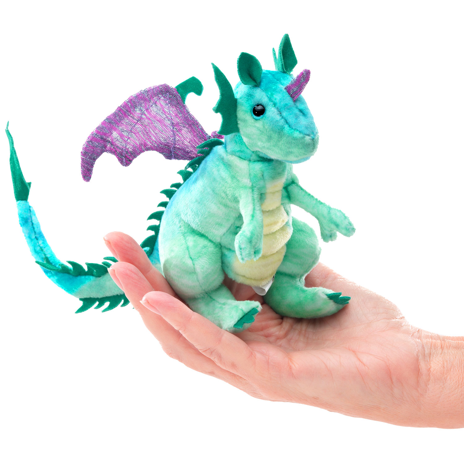 Folkmanis Fingerpuppe mini Drache in Türkis-Mint mit lila Flügeln, auf einer Handfläche balancierend, Größenvergleich