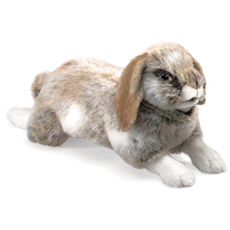 Folkmanis Handpuppe Hängeohr-Hase in Grau-Braun mit weißen Akzenten, liegend in Seitenansicht