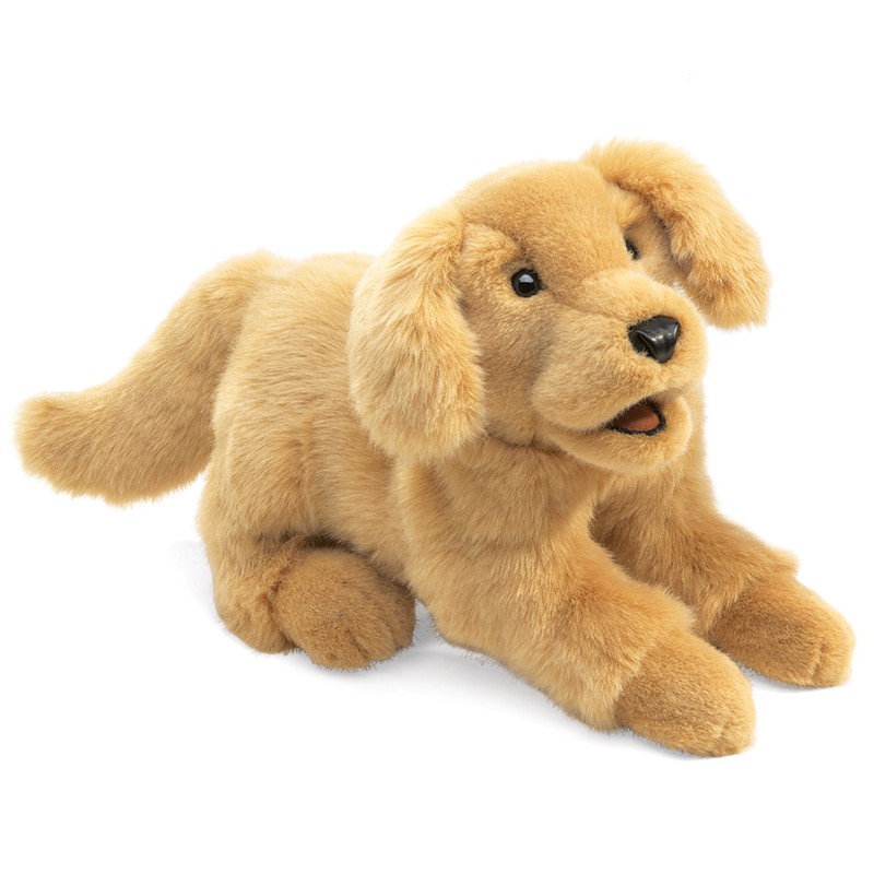 Folkmanis Golden Retriever puppy hand puppet in golden beige, lying down with open mouth, angled view