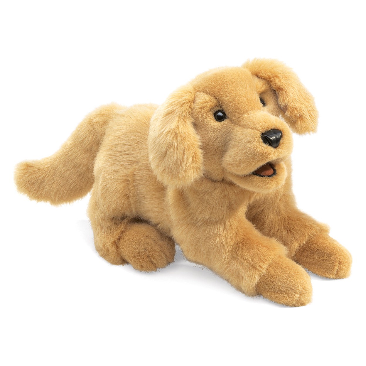 Folkmanis Handpuppe Golden Retriever Welpe in Goldbeige, liegend mit geöffnetem Maul, Schrägansicht