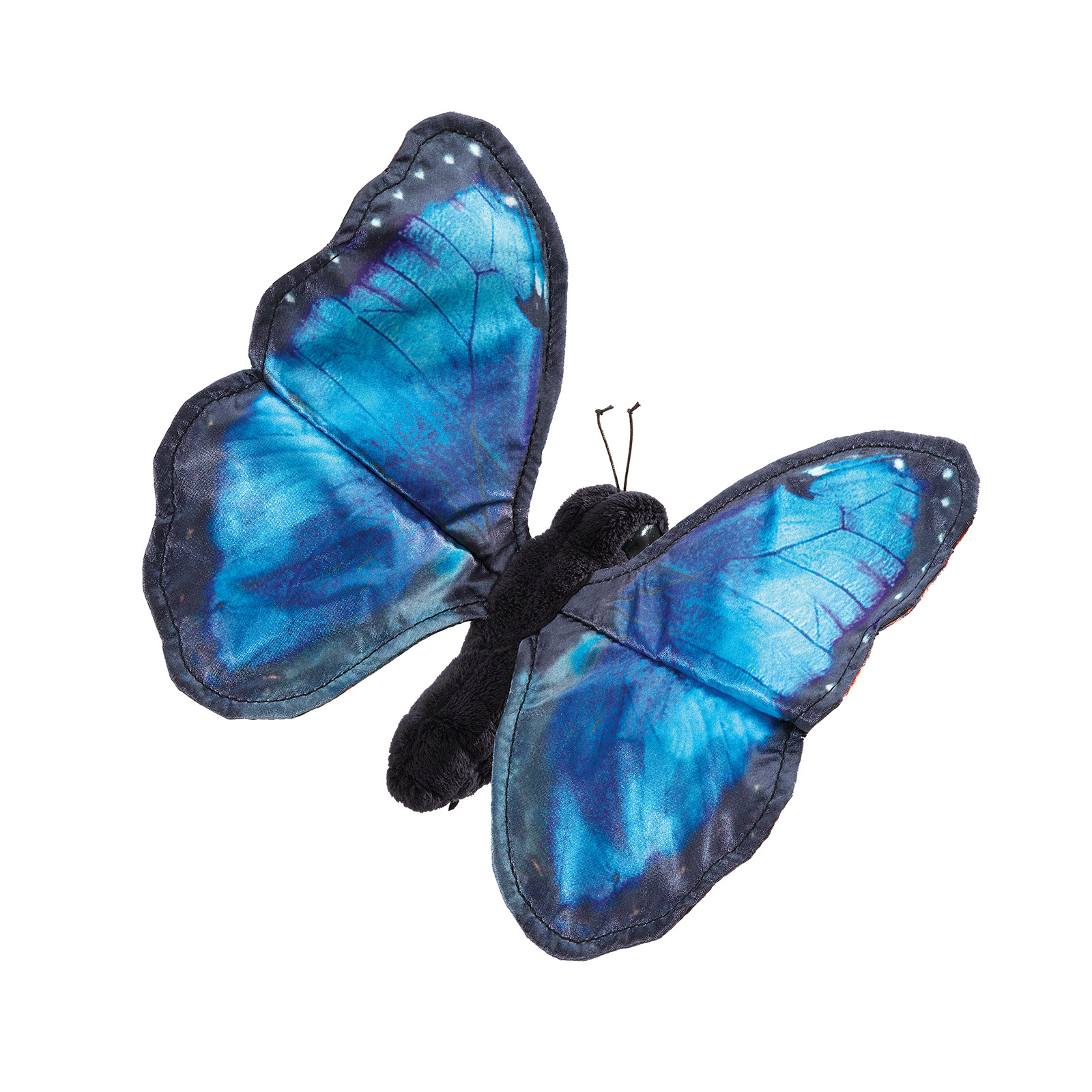 Folkmanis Handpuppe Blauer Morphofalter mit schimmernden blau-schwarzen Flügeln und feinen Fühlern, Draufsicht