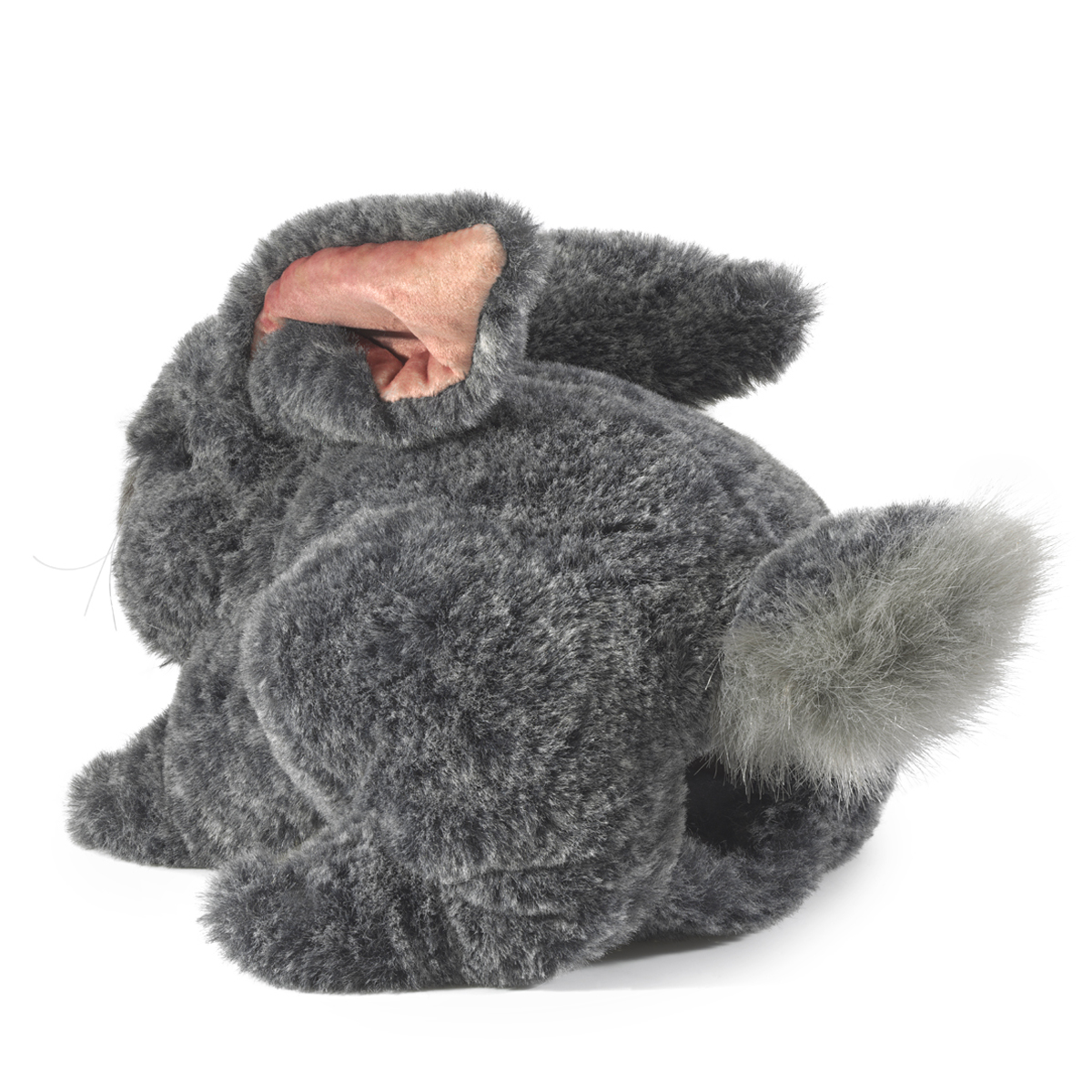 Folkmanis Handpuppe graues Kaninchen von hinten, mit rosafarbenem Innenohr, buschigem Schwanz und meliertem Plüschfell