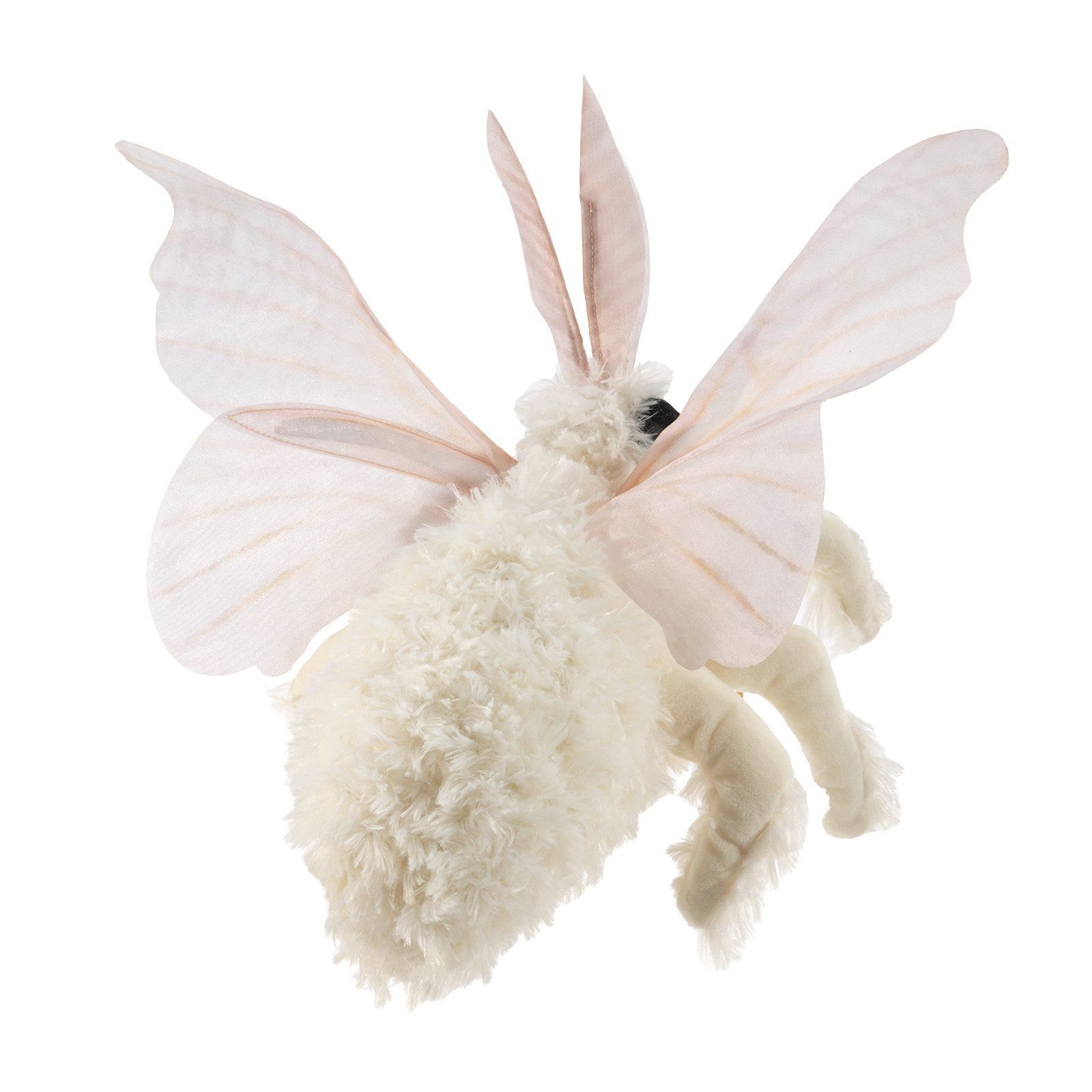 Folkmanis Handpuppe Pudelmotte mit cremefarbenem Flauschkörper, zarten rosafarbenen Stoffflügeln und beweglichen Beinen, Schrägansicht