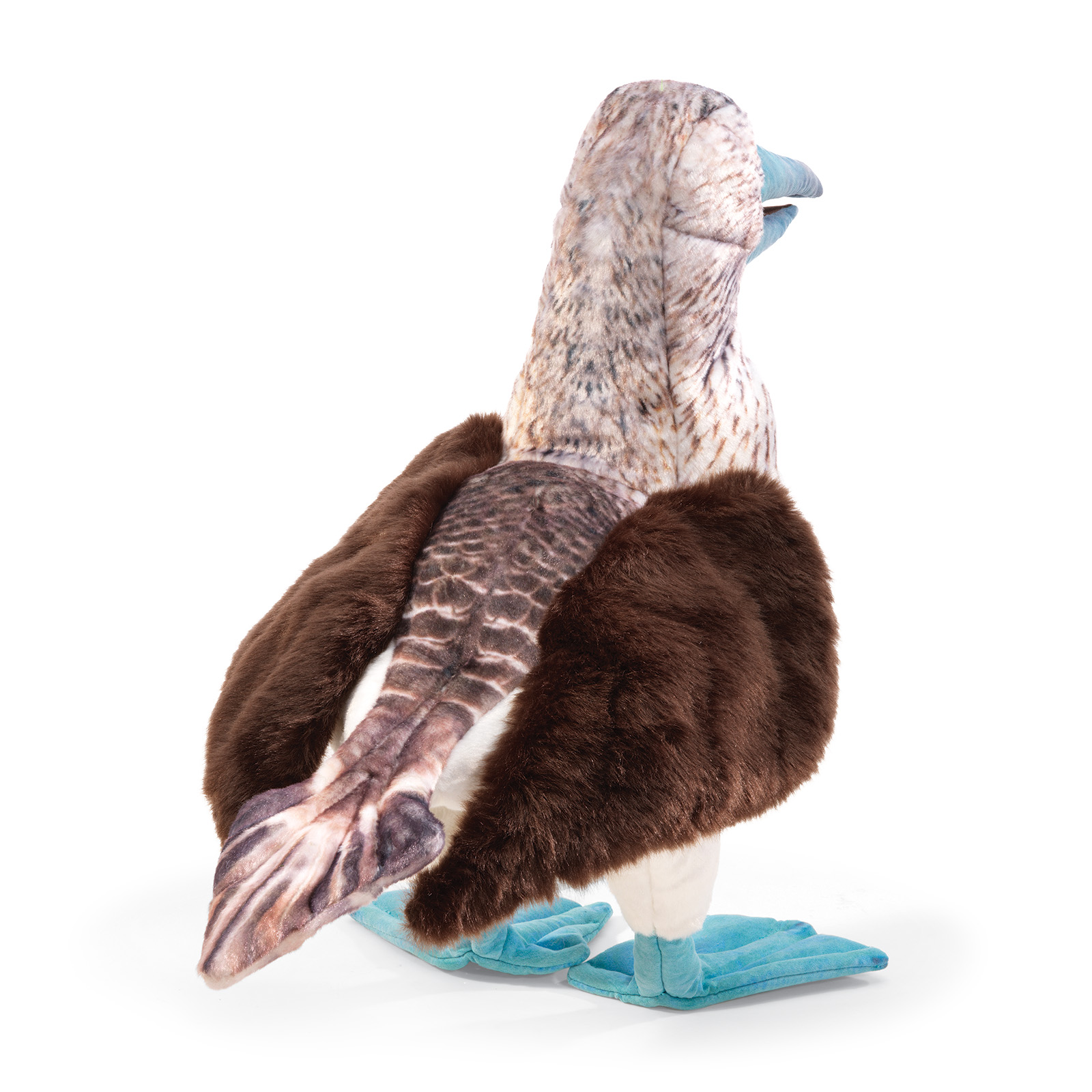 Folkmanis blue-footed booby hand puppet with turquoise feet, brown plush plumage and photorealistic printed head, shown at an angle
